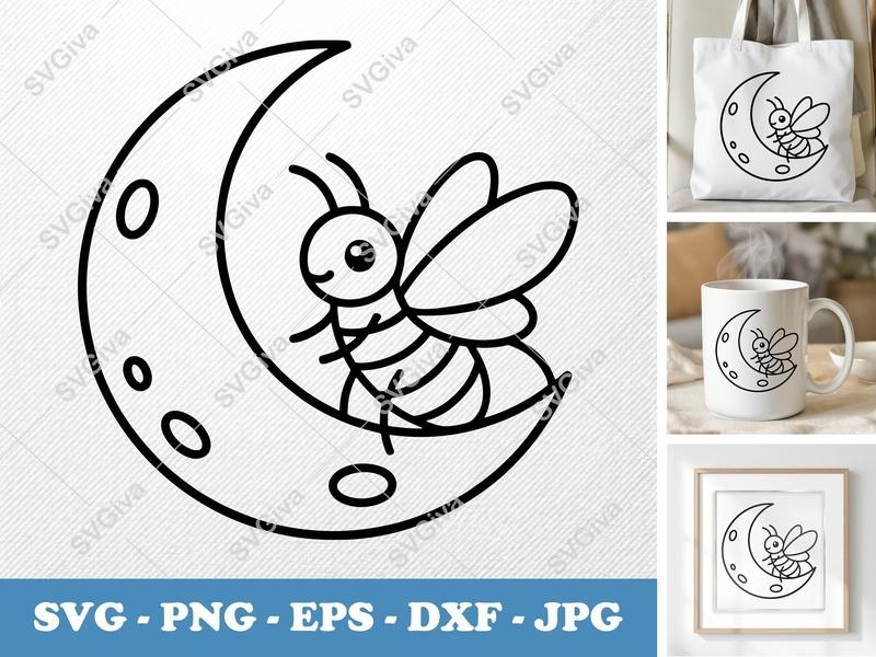 Firefly on Moon SVG, Cute Insect Crescent Moon Design, PNG EPS DXF | Cricut Silhouette Cut File, Kids Craft Vector