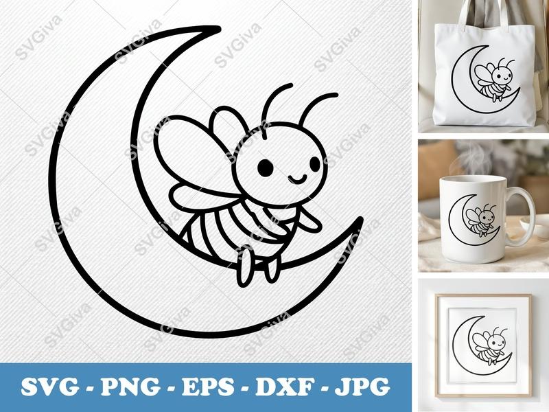 Firefly on Moon SVG | Friendly Bean-Shaped Design | PNG DXF EPS | Cricut Silhouette File