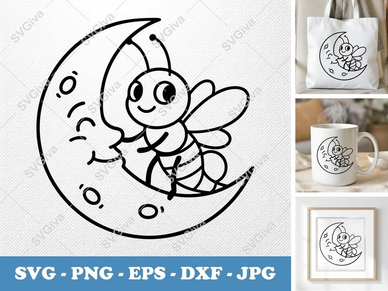 Firefly on Moon SVG | Minimalist Cartoon Vector | Bold Outline, Clean Fill | PNG DXF EPS | Cricut Silhouette File