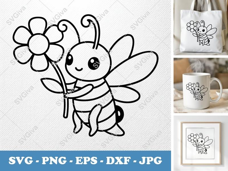 Firefly SVG, Cute Bee with Flower Cut File, Kawaii Insect Design, PNG EPS DXF for Cricut, Silhouette, Bumblebee Vector Art