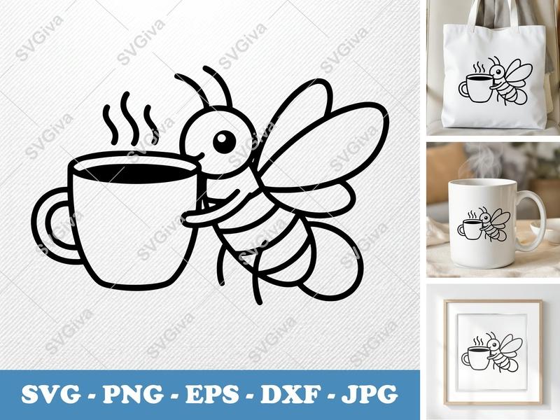 Firefly SVG Cute Coffee Mug Design | Modern Insect PNG EPS DXF | Cricut Silhouette Cut File | Firefly with Hot Drink