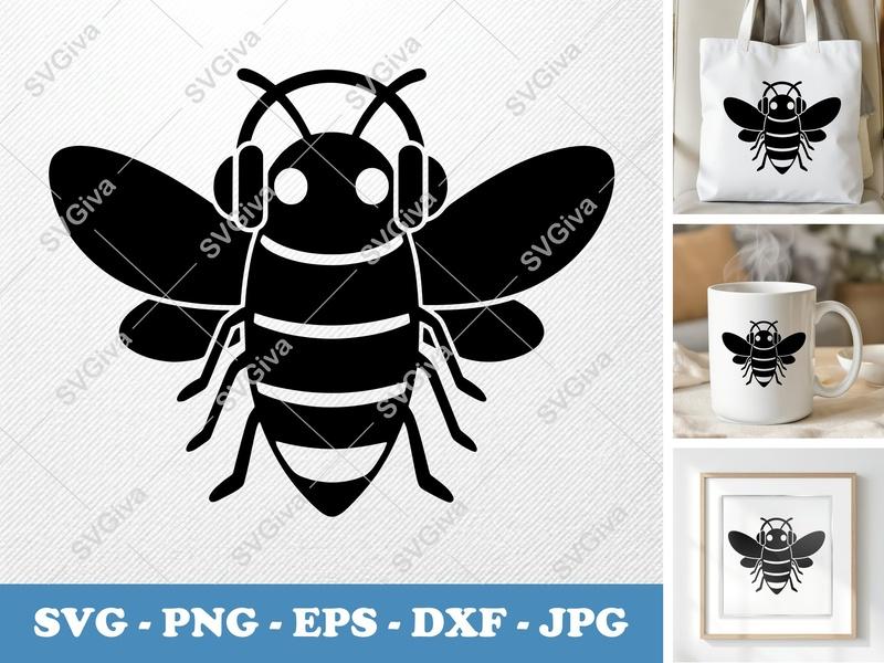 Firefly SVG with Headphones | Modern Bee Insect Cut File for Cricut, Silhouette | PNG EPS DXF Vector Art