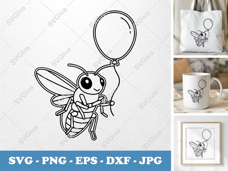 Firefly with Balloon SVG | Outline Cartoon Design | Thick Outer Contour | PNG DXF EPS | Cricut Silhouette File