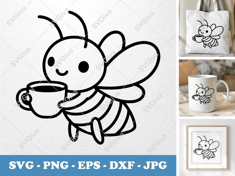 Firefly with coffee cup SVG | Friendly Rounded Cartoon Cut File | PNG DXF EPS for Cricut & Silhouette