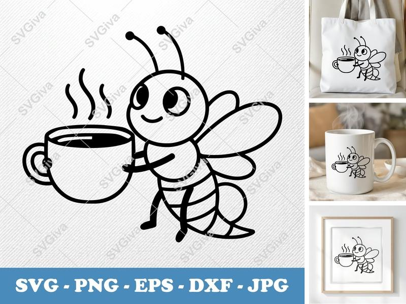 Firefly with Coffee Cup SVG | Minimalist Vector Cut File | Simple Character Outline PNG DXF EPS | Cricut Silhouette Design