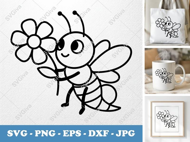 Firefly with Flower SVG, Cute Minimalist Character Design, Bold Contour Clean Fill | PNG DXF EPS | Cricut Silhouette File