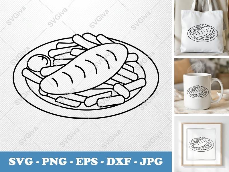 Fish and Chips SVG | Friendly Bean-Shaped Cut File | Rounded Food Design | PNG DXF EPS for Cricut Silhouette