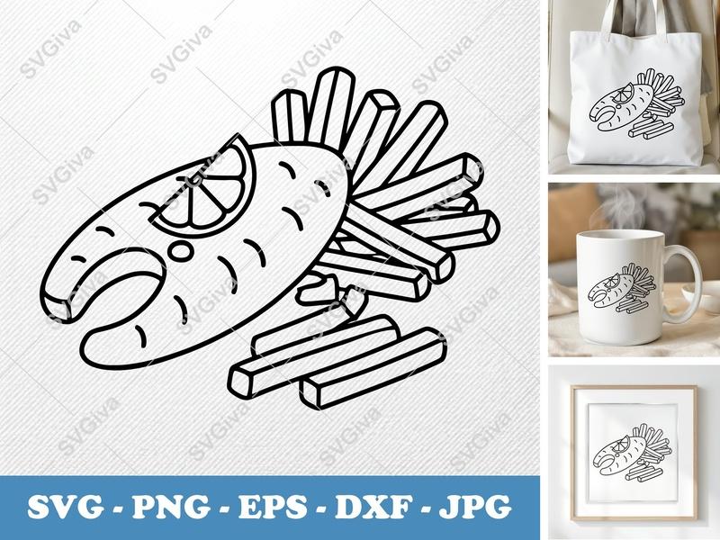 Fish And Chips SVG, Modern Clean Food Cut File with Lemon, PNG EPS DXF for Cricut & Silhouette, Fast Food Design