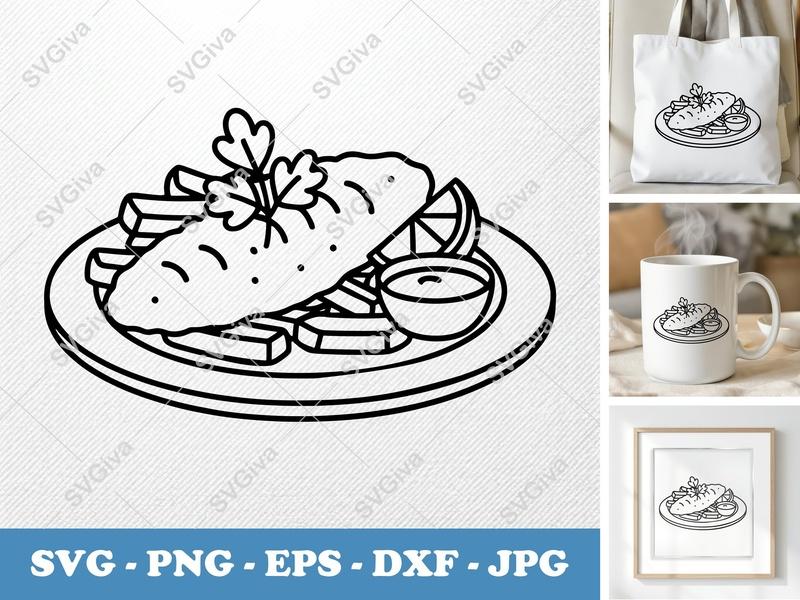 Fish And Chips SVG, Modern Clean Food Graphic, Outline Cut File, PNG, EPS, DXF for Cricut & Silhouette, Kitchen Decor