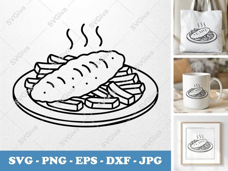 Fish And Chips SVG, Modern Clean Food Icon, Steaming Hot Line Art, PNG EPS DXF for Cricut & Silhouette, Dinner Plate Cut File