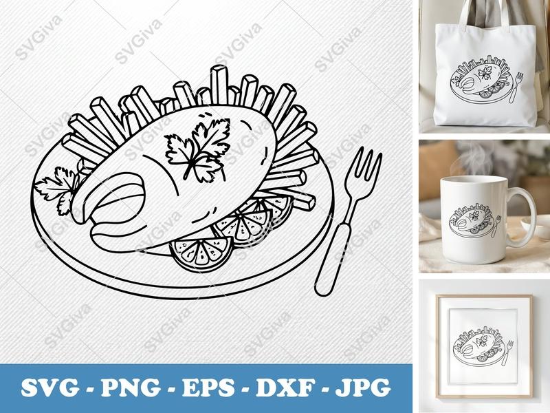 Fish And Chips SVG, Modern Food Cut File, Lemon & Parsley, Fork, PNG EPS DXF for Cricut, Silhouette