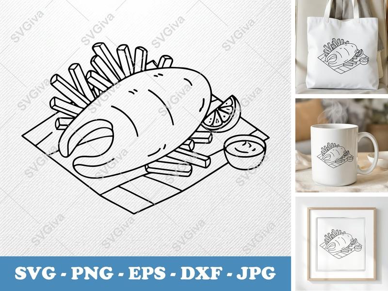Fish And Chips SVG, Modern Food Cut File, Lemon Sauce, PNG EPS DXF for Cricut & Silhouette, Fast Food Clipart