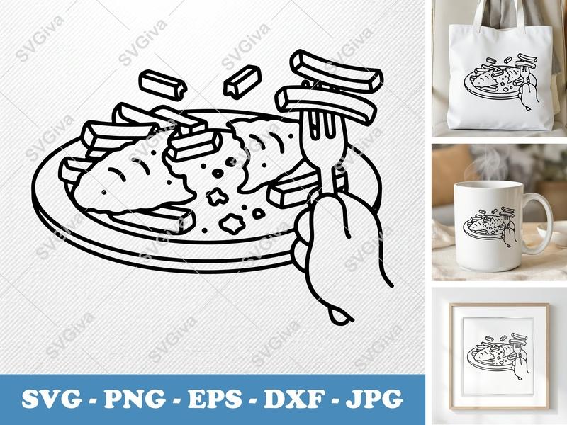 Fish And Chips SVG, Modern Food Line Art, Fork and Hand PNG EPS DXF | Cricut Silhouette Cut File