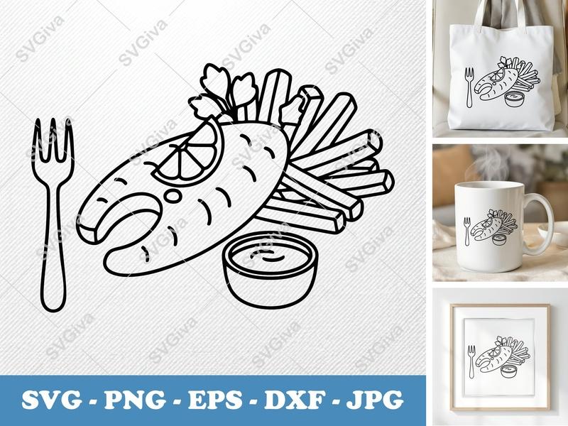 Fish And Chips SVG, Modern Food Outline, Lemon, Fries, Sauce, Fork | PNG EPS DXF for Cricut, Silhouette Cut File