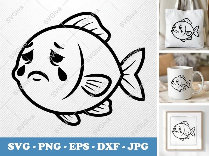 Fish Crying SVG, Friendly Rounded Bean-Shaped Design | PNG DXF EPS | Cricut Silhouette File