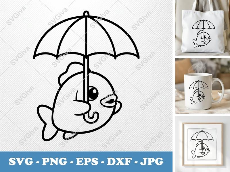 Fish Holding Umbrella SVG PNG DXF EPS | Kawaii Fish Cut File Cricut Silhouette Vector Art