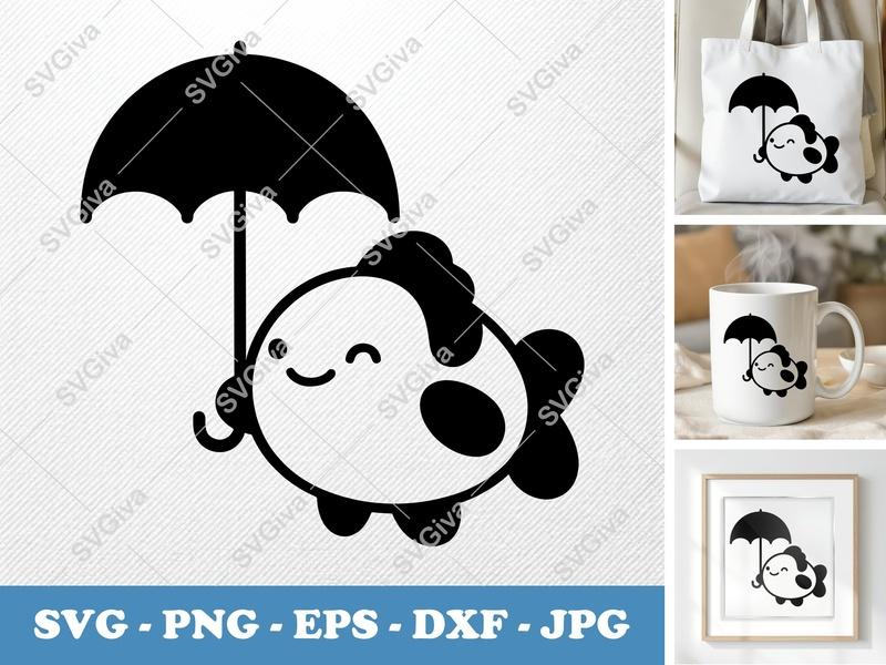 Fish Holding Umbrella SVG | Puffy Cartoon Style Cut File | Inflated Pillow-Soft Design | PNG DXF EPS for Cricut Silhouette