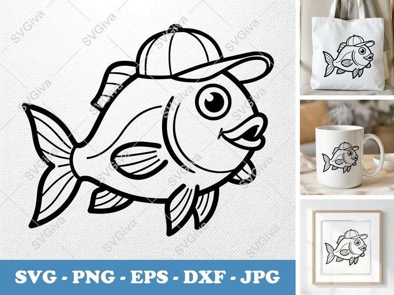Fish in a Cap SVG | Double-Outline Cartoon Design | Thick Contour, Clean Space | PNG DXF EPS | Cricut Silhouette File