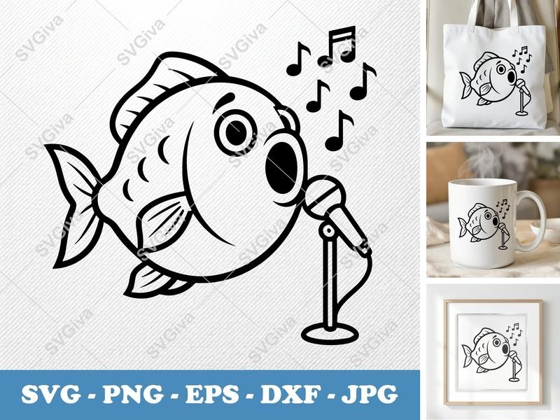 Fish Singing SVG, Microphone Music Notes PNG, EPS, DXF | Cute Cartoon Singer Cut File for Cricut & Silhouette