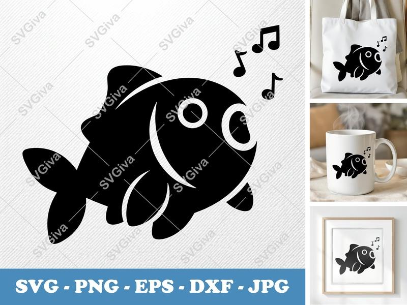 Fish Singing SVG, Music Notes Fish Cut File, Cartoon Fish PNG EPS DXF for Cricut, Silhouette, Ocean Animal Clipart