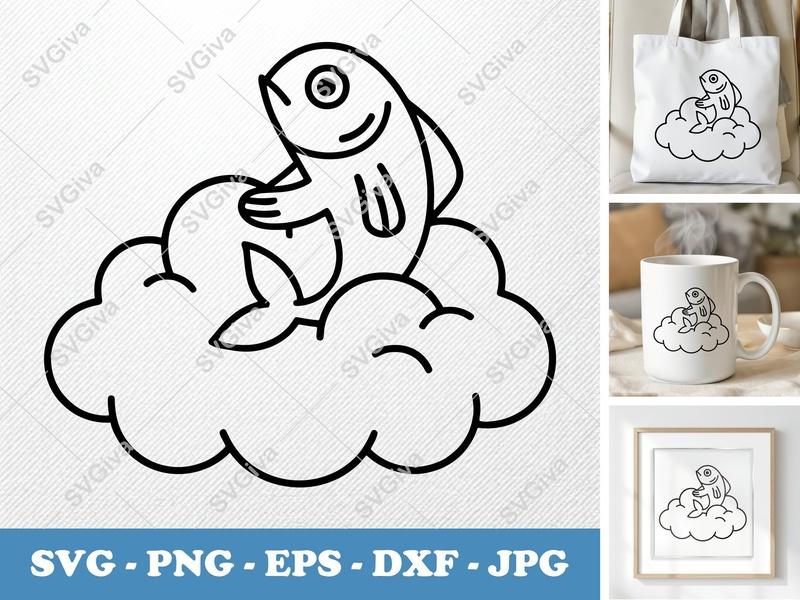 Fish Sitting on a Cloud SVG | Minimalist Vector Cut File | PNG DXF EPS | Cricut Silhouette