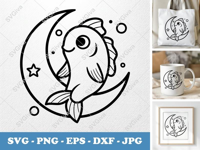 Fish Sitting on Moon SVG PNG DXF EPS | Cricut Silhouette Cut File