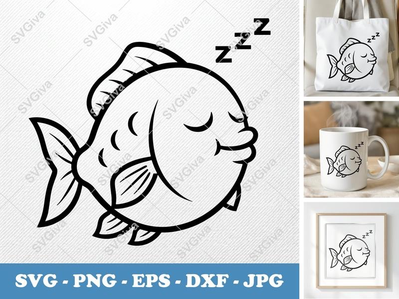 Fish Sleeping SVG | Cute Zzz Fishy Cut File | PNG EPS DXF | Cricut Silhouette Vector Art | Ocean Animal Clipart