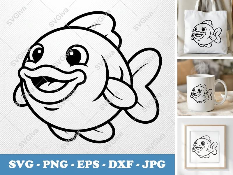 Fish Smiling Happily SVG PNG DXF EPS | Cute Ocean Animal Cricut Silhouette Cut File