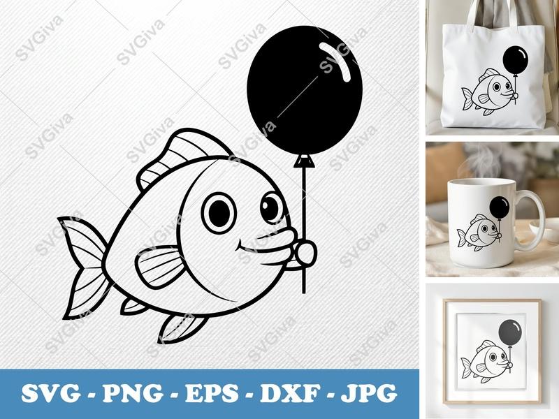 Fish SVG | Cartoon Fish with Balloon PNG EPS DXF | Cute Animal Clipart for Cricut & Silhouette | Kids Craft Vector