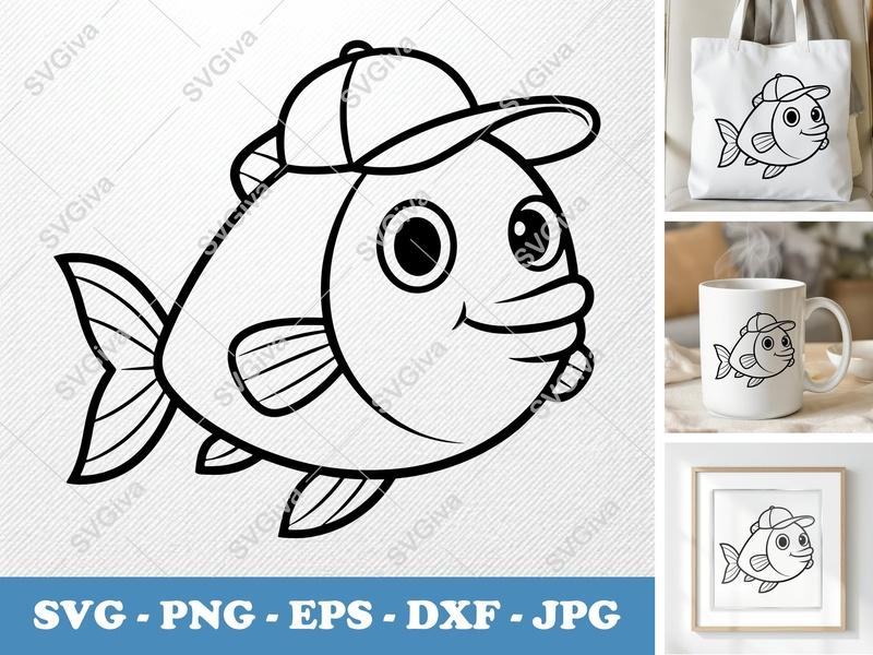 Fish SVG, Cartoon Fish with Hat, Cute Fishing Clipart | PNG EPS DXF | Cricut Silhouette Cut File, Ocean Animal