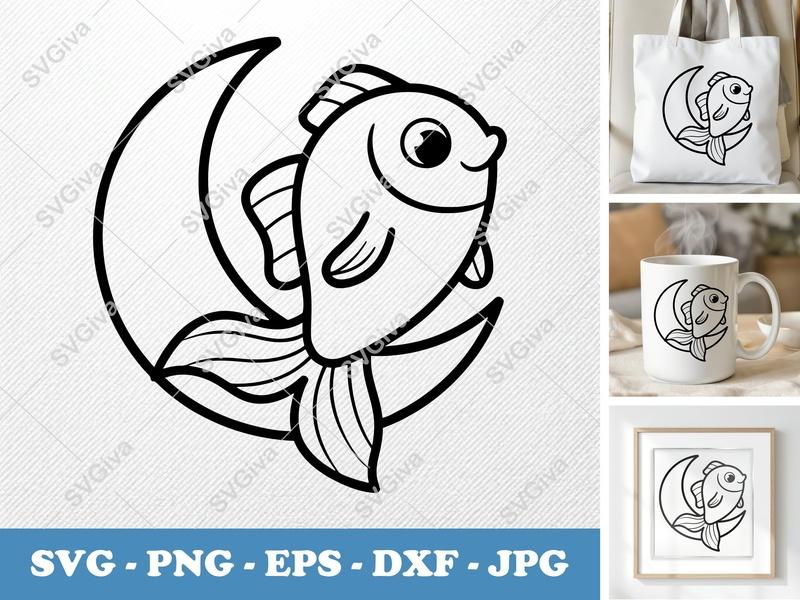 Fish SVG | Cartoon Goldfish on Crescent Moon | Cute Aquatic Animal Cut File for Cricut, Silhouette | PNG EPS DXF Vector