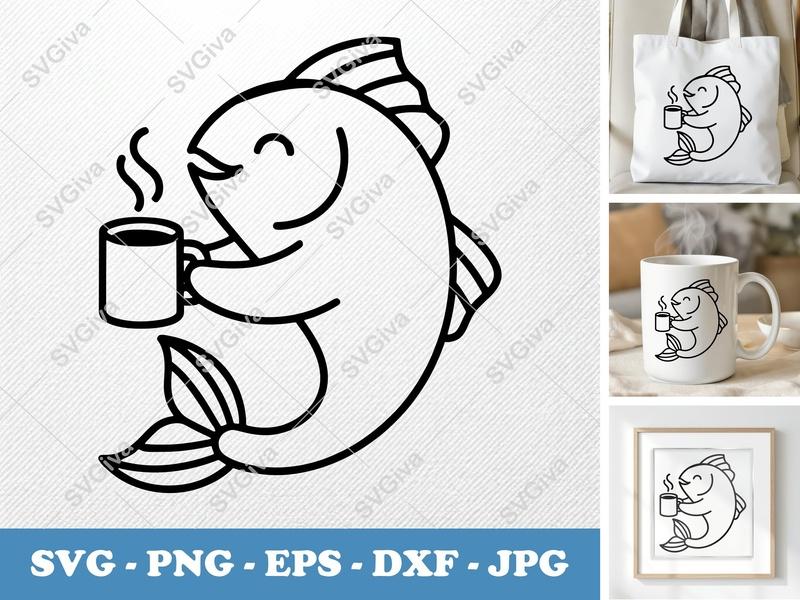 Fish SVG | Coffee Cup Fish Cut File | Modern Line Art Fish with Mug | PNG EPS DXF for Cricut, Silhouette