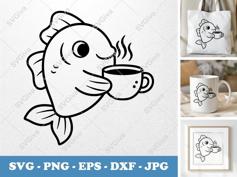 Fish SVG | Coffee Mug Drinker, Cute Cartoon Sea Animal Cut File for Cricut, Silhouette | PNG EPS DXF Vector Clipart