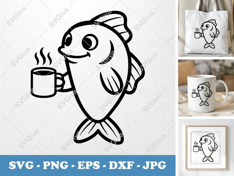 Fish SVG | Coffee Mug Drinker, Cute Cartoon Sea Animal | PNG EPS DXF for Cricut, Silhouette | Fishing Art
