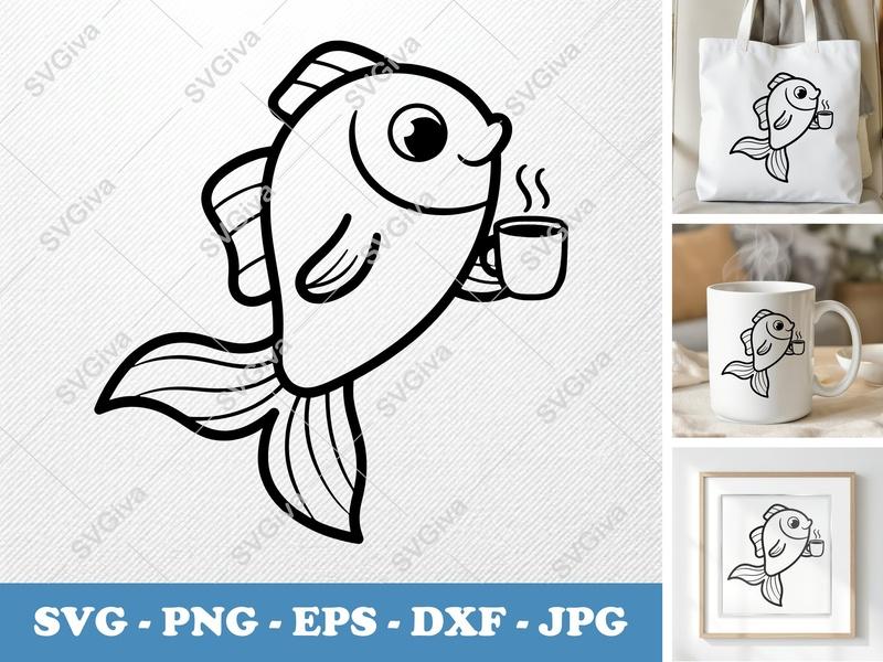 Fish SVG, Coffee Mug Fish, Cute Cartoon Fish, Modern Clean Design | PNG EPS DXF for Cricut, Silhouette