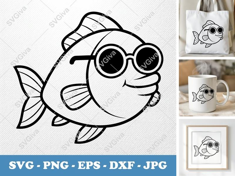 Fish SVG | Cool Fish with Sunglasses Cut File | Funny Cartoon Ocean Animal PNG EPS DXF for Cricut & Silhouette