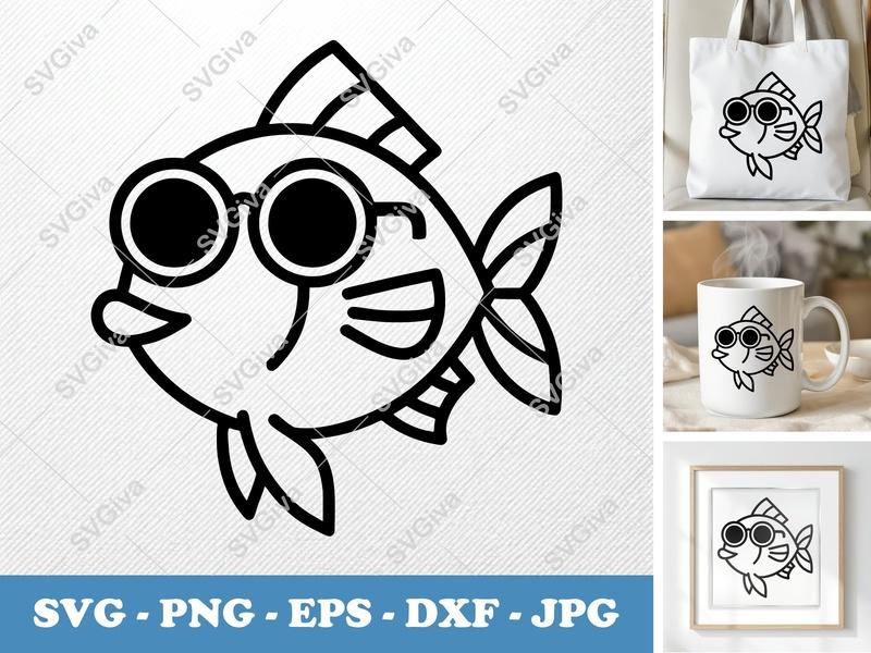 Fish SVG | Cool Fish with Sunglasses Cut File | Modern Cartoon Aquatic Animal | PNG EPS DXF for Cricut, Silhouette
