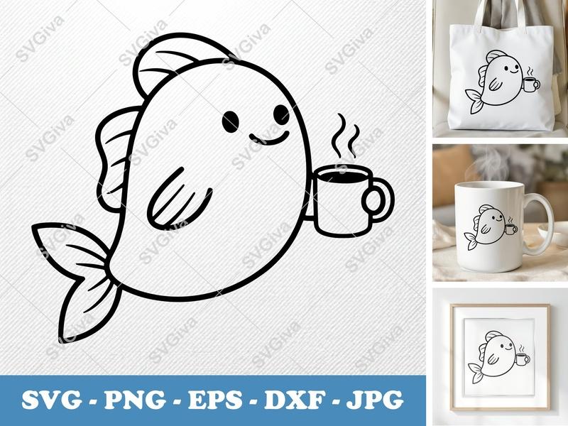 Fish SVG | Cute Cartoon Coffee Mug | Digital Cut File for Cricut, Silhouette | Kawaii Animal PNG, EPS, DXF | Modern Clean Design