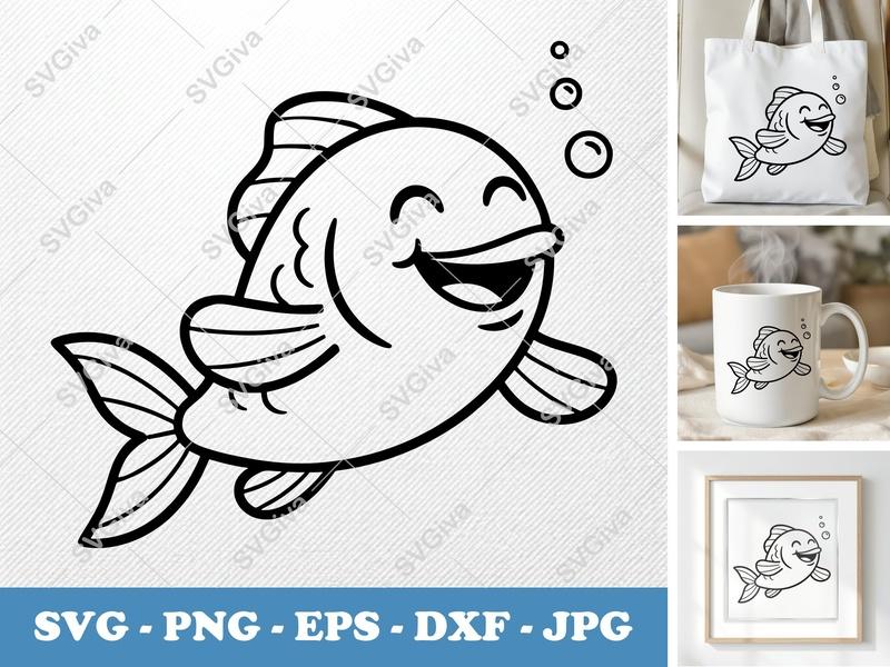 Fish SVG | Cute Cartoon Fish Design, Happy Face | PNG EPS DXF for Cricut & Silhouette, Ocean Animal Clipart