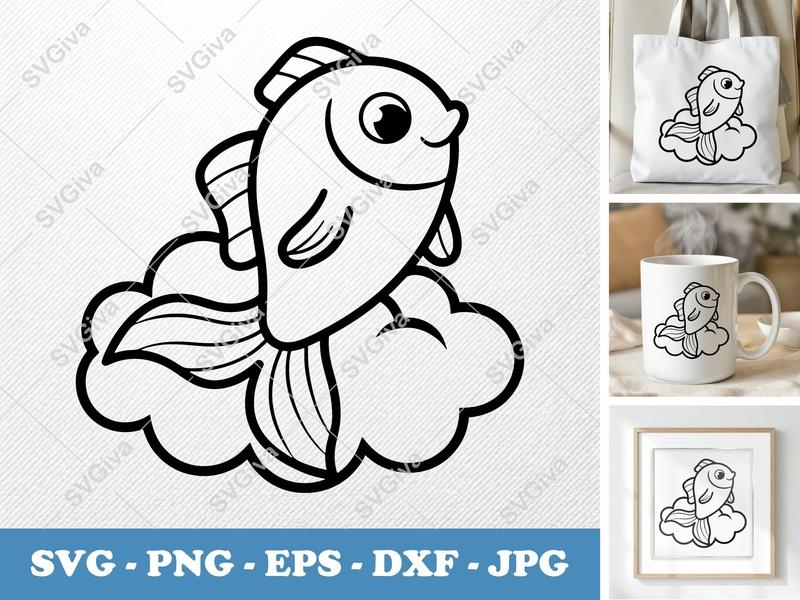 Fish SVG | Cute Cartoon Fish with Bubbles Cut File | Ocean Animal PNG EPS DXF for Cricut & Silhouette, Kid's Craft Design
