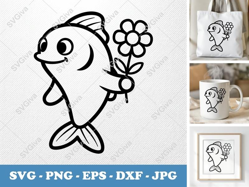 Fish SVG | Cute Cartoon Fish with Flower Clipart | PNG EPS DXF for Cricut & Silhouette | Smiling Animal Cut File