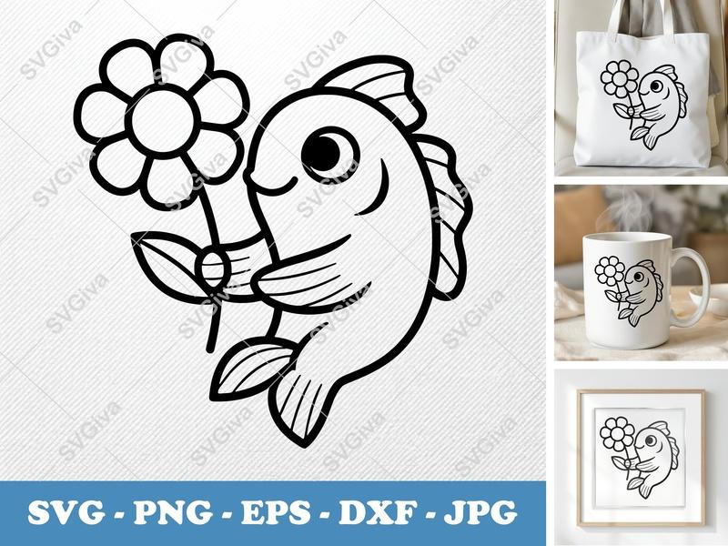 Fish SVG, Cute Cartoon Fish with Flower, Under the Sea Clipart, Animal Cut File for Cricut, Silhouette | PNG EPS DXF