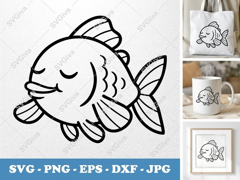Fish SVG | Cute Cartoon Goldfish Line Art | PNG EPS DXF | Cricut Silhouette Cut File | Modern Clean Design | Ocean Animal Clipart