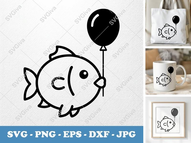 Fish SVG, Cute Fish with Balloon Cut File | PNG EPS DXF | Cricut Silhouette Vector Clipart Ocean Sea Animal
