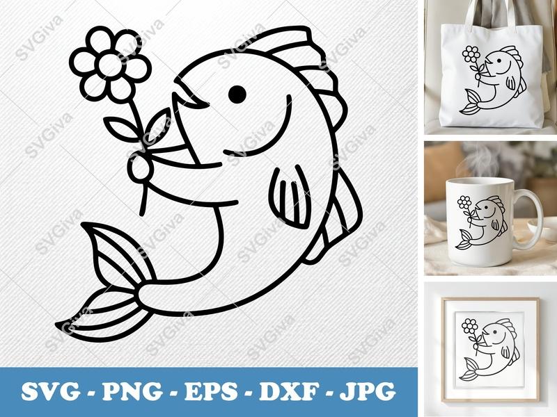 Fish SVG, Cute Fish with Flower, Floral Fish Line Art | PNG EPS DXF | Cricut Silhouette Cut File, Ocean Animal Clipart