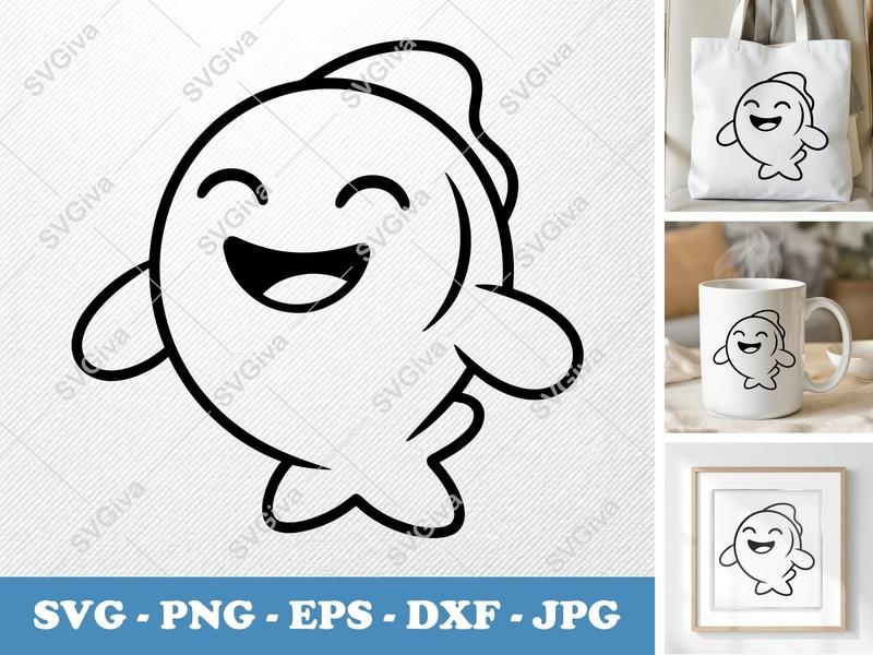 Fish SVG | Cute Happy Cartoon Fish Cut File | PNG EPS DXF for Cricut, Silhouette | Ocean Animal Vector Art