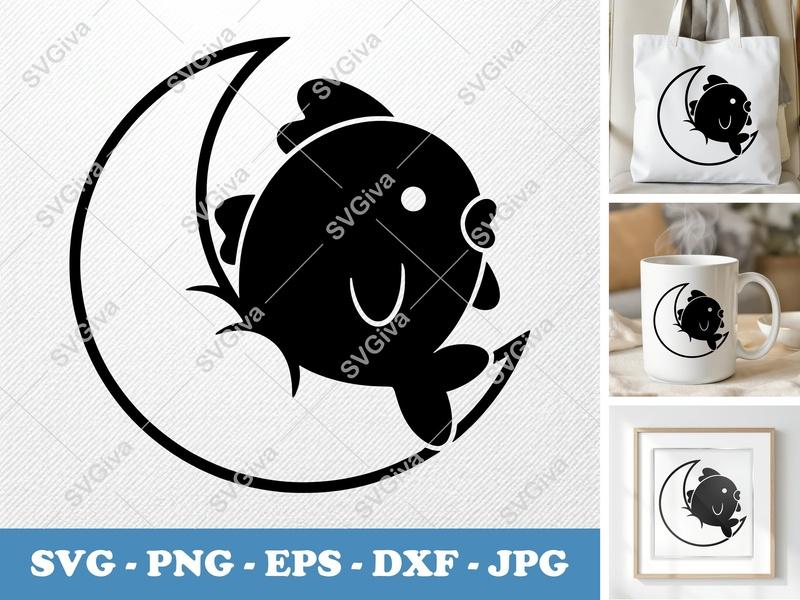 Fish SVG | Cute Moon Fish Cut File | Aquatic Animal Design | PNG EPS DXF for Cricut & Silhouette