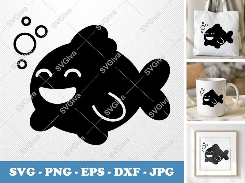 Fish SVG, Cute Smiling Fish with Bubbles, Cartoon Sea Animal, Digital Cut File for Cricut, Silhouette | PNG EPS DXF