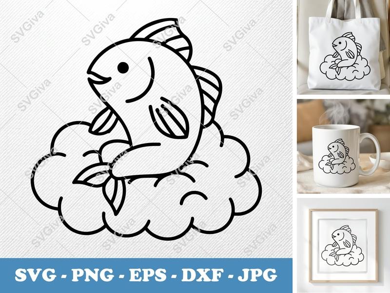 Fish SVG | Modern Clean Design Fish on Cloud | PNG EPS DXF for Cricut & Silhouette | Ocean Animal Cut File