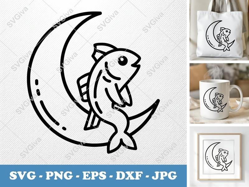 Fish SVG | Modern Crescent Moon Line Art | PNG EPS DXF | Cricut Silhouette Cut File, Aquatic, Celestial, Outline Design